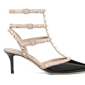 VALENTINO GARAVANI BLACK ROCKSTUD 35 PATENT LEATHER STUDDED STRAPPY CAGE HEELS